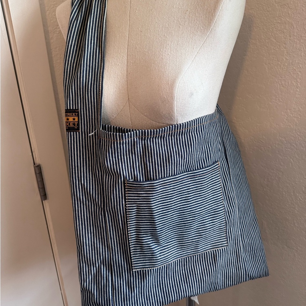 Striped Navy Canvas Denim Crossbody Bag with Front Pocket